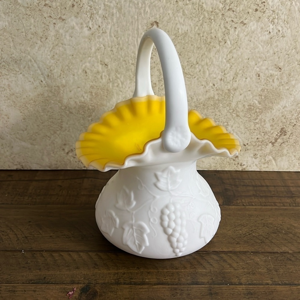 Kanawha Vintage Bride’s Basket Cased Milk Satin Glass Yellow